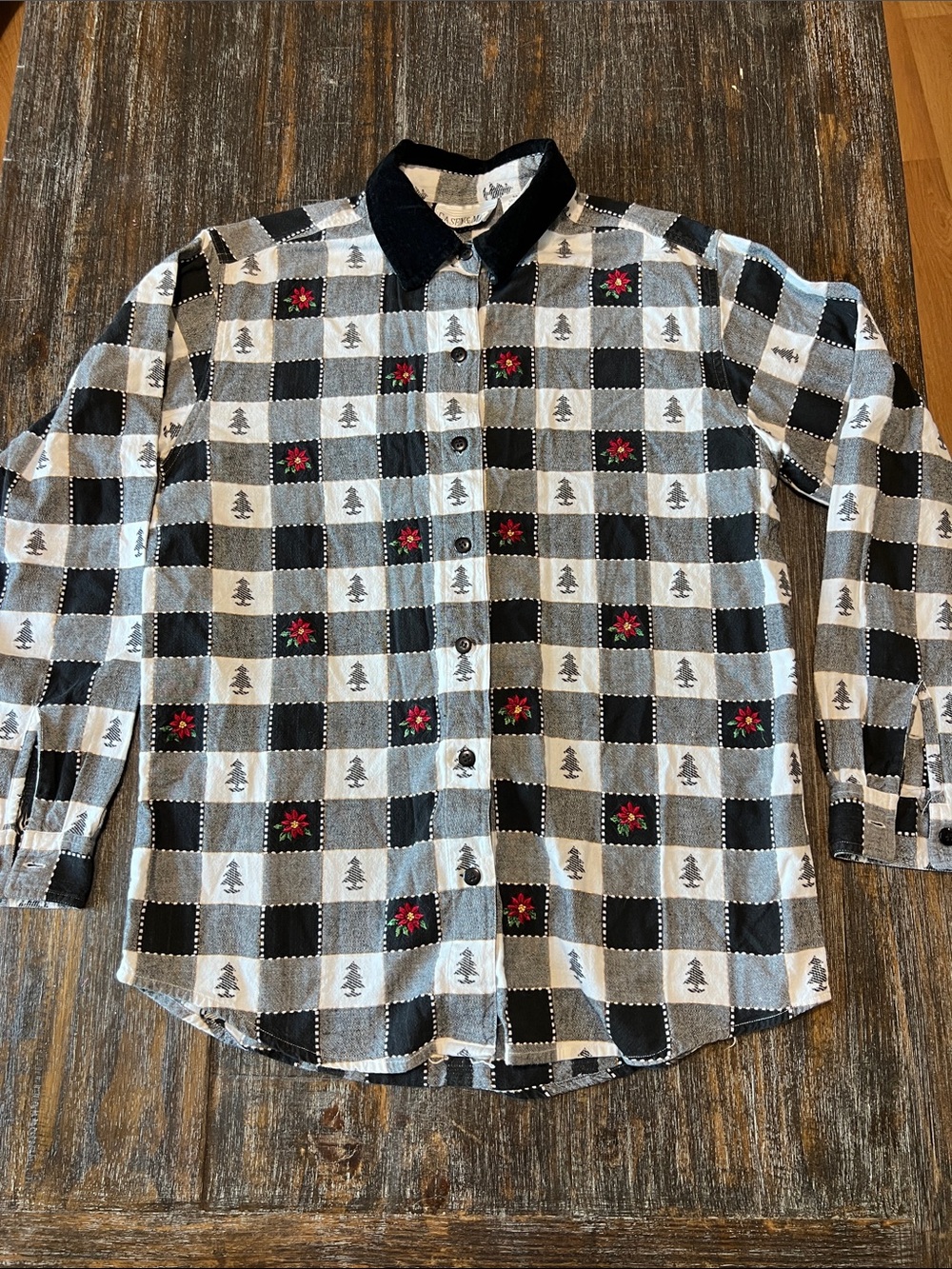 Vintage Holiday - Poinsettia. Black and White Button Up Shirt